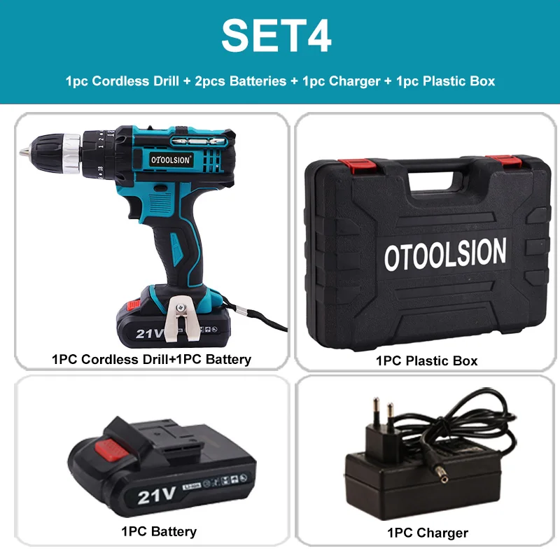 SET4 (2pc battery) 21 в 18+ 3 вращающая Ударная дрель аккумуляторная отвертка Электроинструмент шуруповерт Ударный Молоток дрель шуруповерт с пластиковым ящиком для инструментов - Цвет: SET4 (2pc battery)
