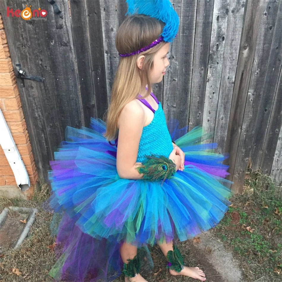 Peacock Girls Dress With Headband Long Trail Dresses Fluffy Robe Fille For Kids Photo Performance Costume Pageant Gowns Clothes | Детская