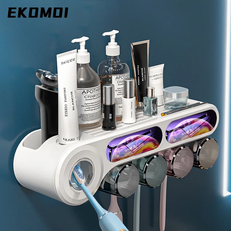 

Punch-free Toothbrush Holder Automatic Toothpaste Dispenser Wall-mounted Storage Toothbrush Holder Bathroom Accessories Set