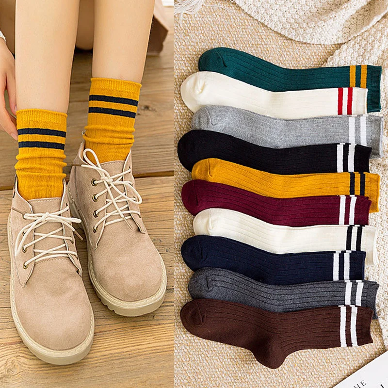 

Women Harajuku White School Crew High Girls Cotton Cute Retro Japanese Colorful Funny Designer Striped Sox Yellow Loose Socks