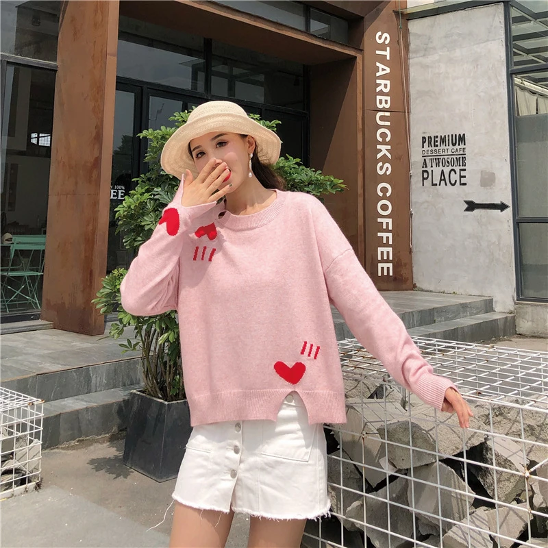 

2021 Autumn Winter Women Sweater New Korean Style Love Print Knitted O Neck Pullover Long Sleeve Loose Sweaters Women