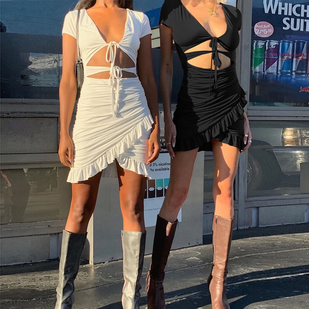 

2021 Summer New Sexy Women Bandage Hollow Out Dress High Waist Solid Black Ladies Split Party Dress Club Wear Women Dress