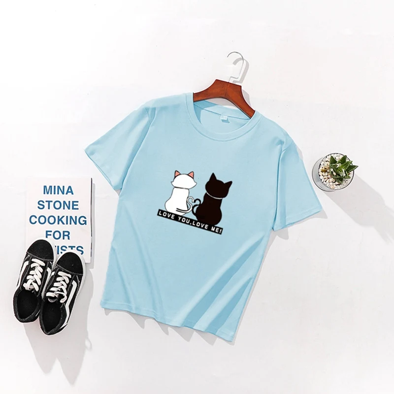 Женская хлопковая Футболка с принтом двух кошек коротким рукавом и круглым