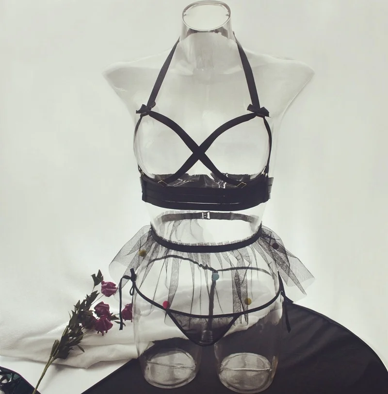 Оригинальный дизайн веганский черный бюстгальтер с бантом пачка подвязка Kawaii