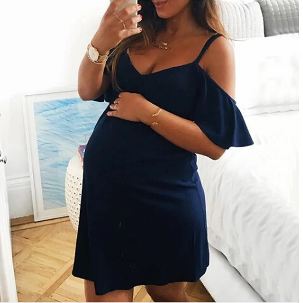 

LONSANT Maternity dresses Solid color V-Neck Ruffles Off-the-shoulder Women dress Fashion Pregnants Nursing Maternity Dress 2020