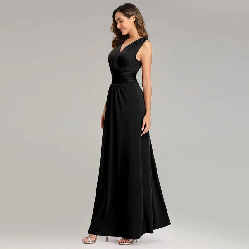 Beauty Emily Flexible V Neck Chiffon Evening Dresses Long Sleeveless Plus Size Open Back Pleated Formal Prom Gowns for Party