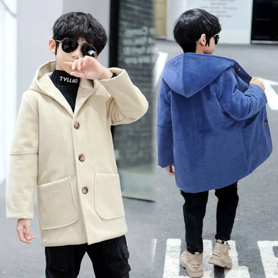 

Fashion New 2020 Autumn Winter Outerwear Clothes For 3T-14Yrs Children Boys Hooded Jackets Coat 2 Colors Baby Boy Woolen Coats