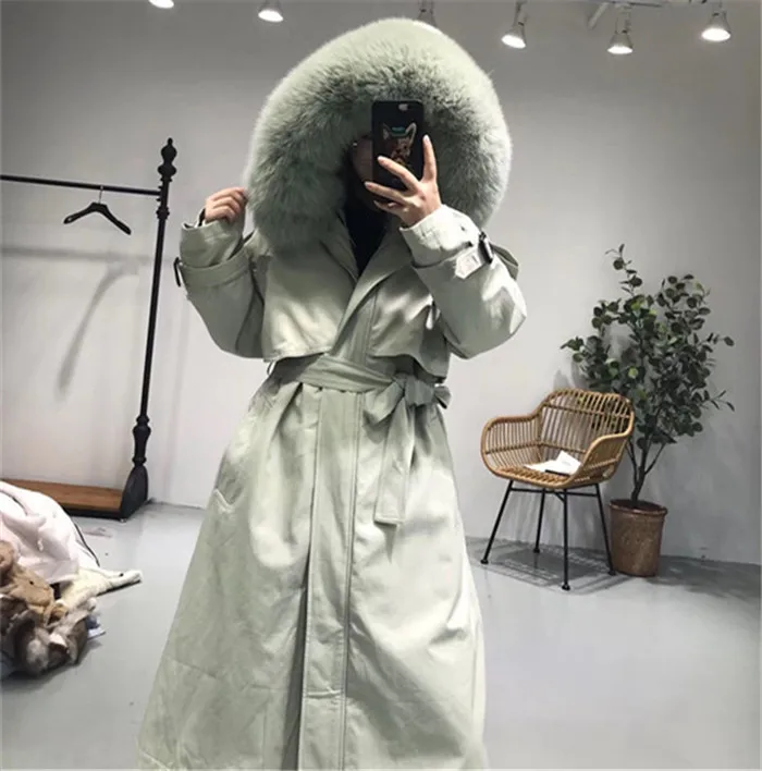 bean green Зимняя куртка женская длинная парка настоящая подкладка из кроличьего меха Рекс теплое пальто большой Лисий меховой воротник парка с капюшоном Mujer пальто - Цвет: bean green