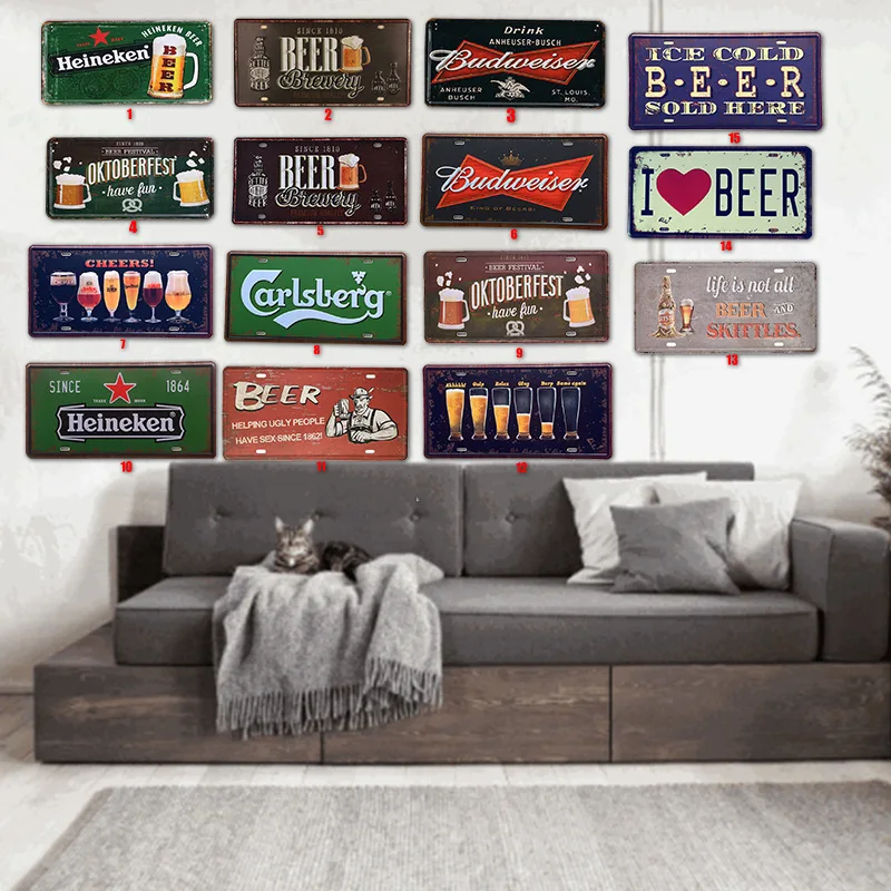 

Beer Tin Sign Metal Car Plate License Vintage Shabby Pub Bar Wall Plaques Posters Restaurant Rome Decor Metal Hanging Paintings