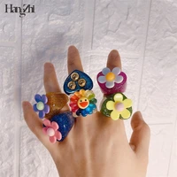 hangzhi 2021 new korean summer resin rainbow colorful yellow smiley sunflower flower heart rings for women party jewelry gifts