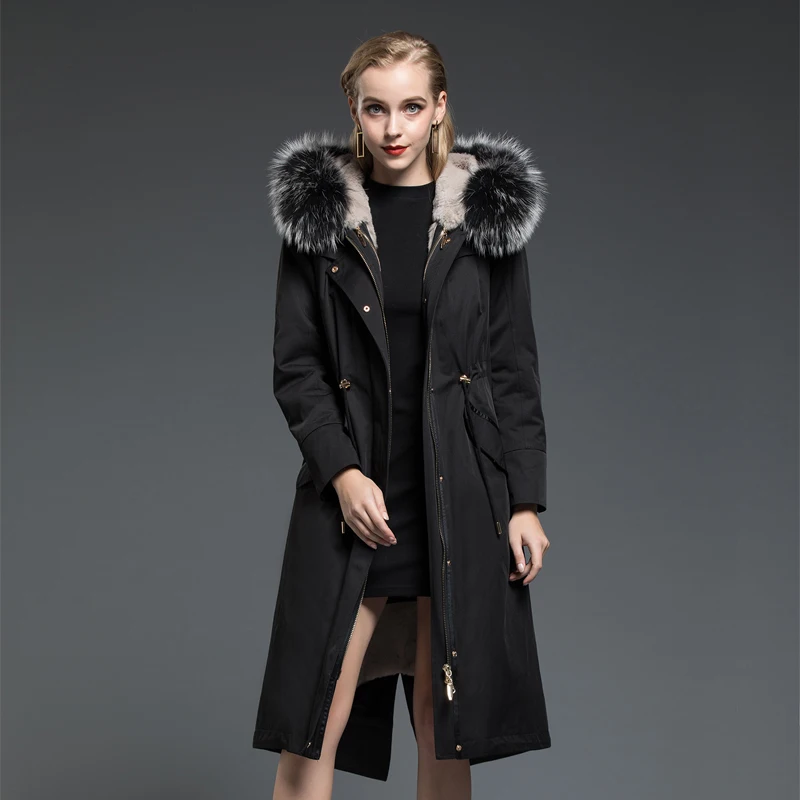 Женская парка с натуральным кроличьим подкладом MY3501 длинное пальто воротником