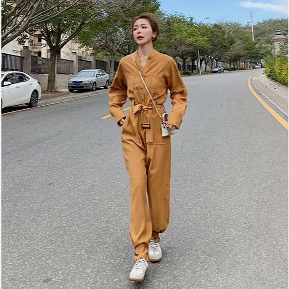 

Women Long Sleeve Shirt Style Bandage Jumpsuit Spring New Female Elegant Slim Korean One Piece Pants Sets Overalls Romper 2021