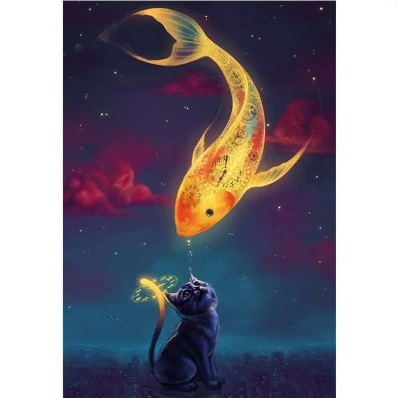 

Full Square/Round Drill 5D DIY Diamond Painting "anime Cat and Fish" Embroidery Cross Stitch 3D Home Decor Gift