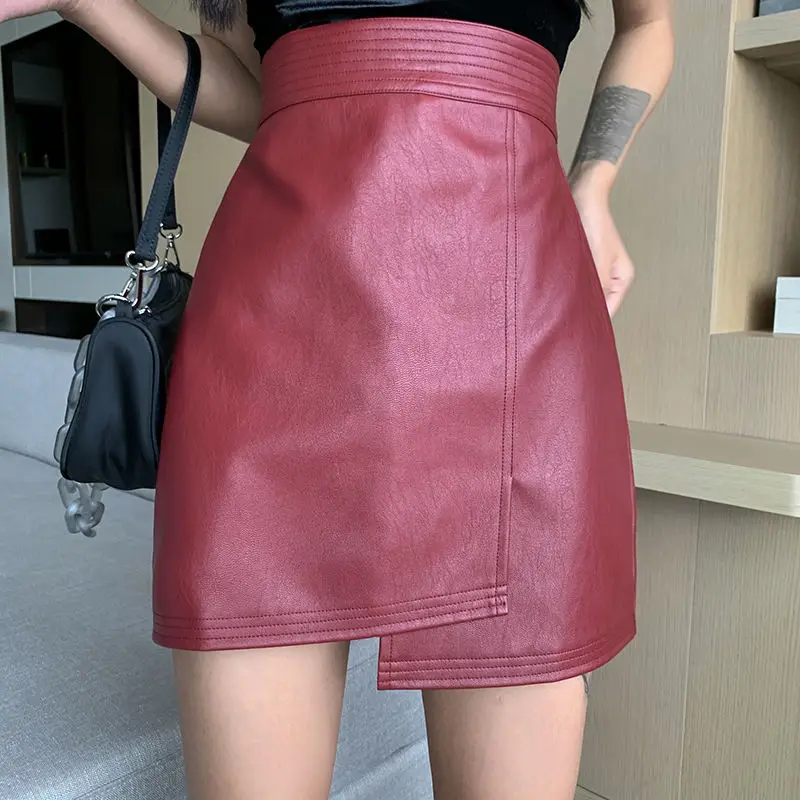 

7 Colors PU Leather Skirt High Waist Irregular Female 2021 Autumn A- line Dress Woman Mujer Faldas Saias Mulher