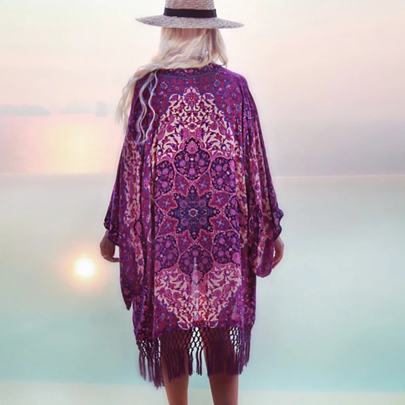 

Swimsuit Coverups 2022 Summer Chiffon Purple Fringe Bathing Suit Cover Ups Tuniques Pour Plage Women Beach Dress Cover Up