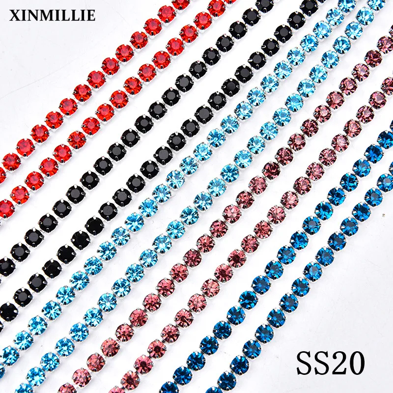 5 Yards High Quality Glass Rhinestone Cup Chain SS20 Crystal Trim Strass In Silver Plating Setting Garment  Shoes Embellishment