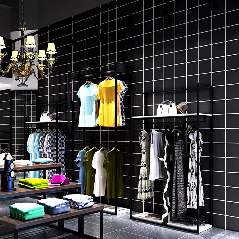Nordic style ins black and white solid color simple square lattice wallpaper clothing store special fashion high-end women's |