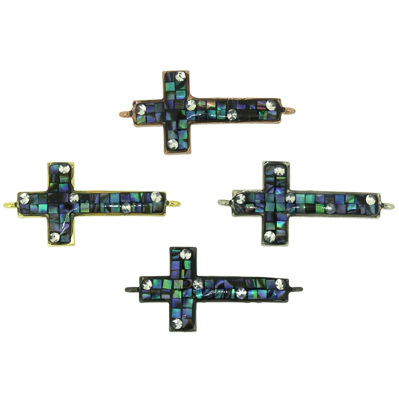 

2.8cm Religious Cross Charm Pave Natural Black Green Abalone Shell Bead Connector 2 Loops Buckle Charms For Jewelry DIY Material