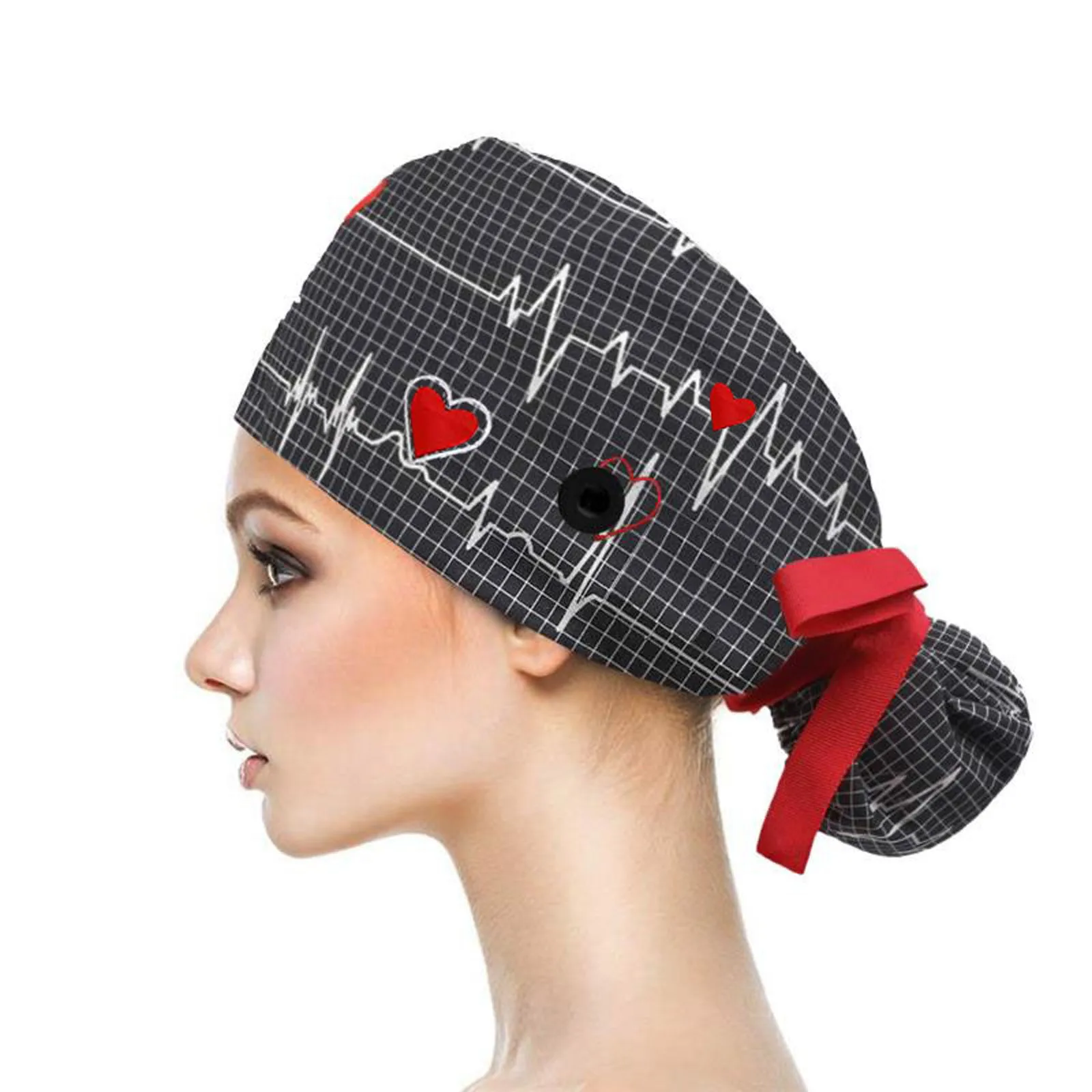 

Hospital Beauty Salon ECG Print Working Scrub Cap Sweatband Bouffant Turban Nurse Hat Tie Back Adjustable Sweat Strip A40