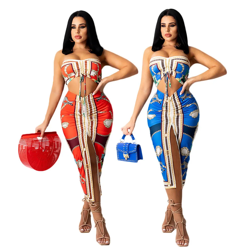 

Summer 2021 Women's Maxi Dress Bohemian Style Mercerized Cotton Print Strapless Drawstring Two-Piece Set