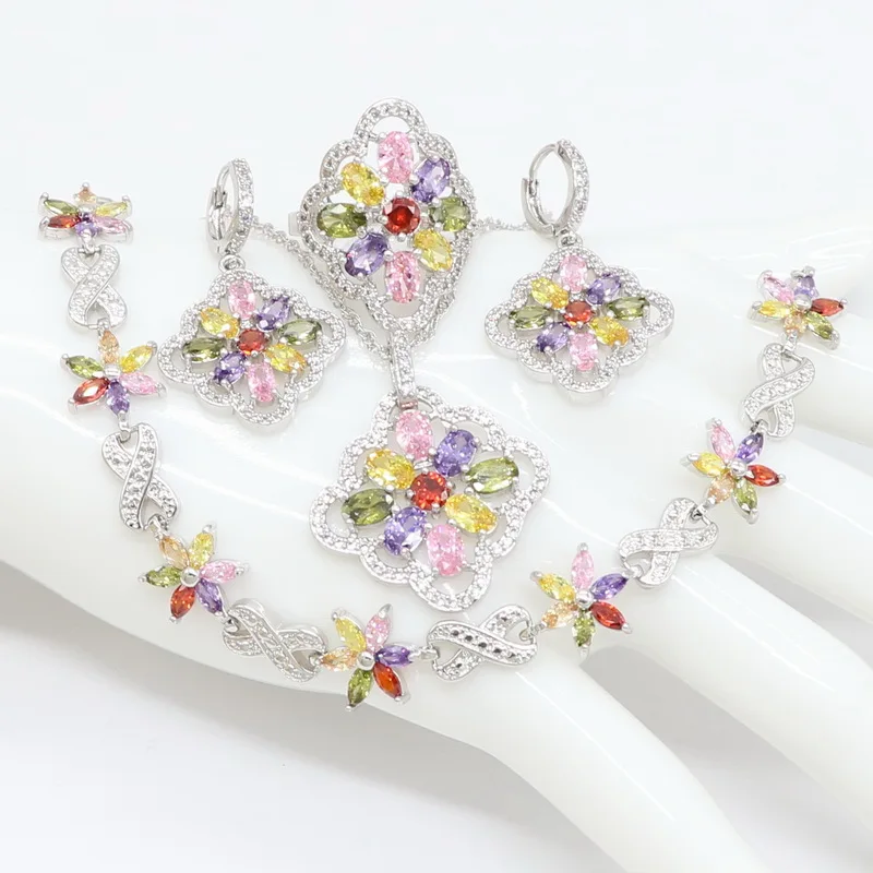 Комплект из колье серёг браслета и кольца с разноцветными камнями|Ювелирные