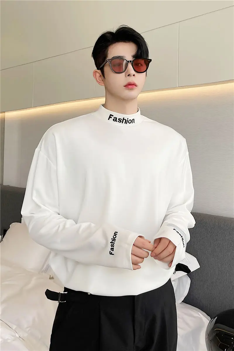 

Men's long-sleeved T-shirts 2021 spring autumn new solid color embroidery high neck silk slip pullover loose casual personality