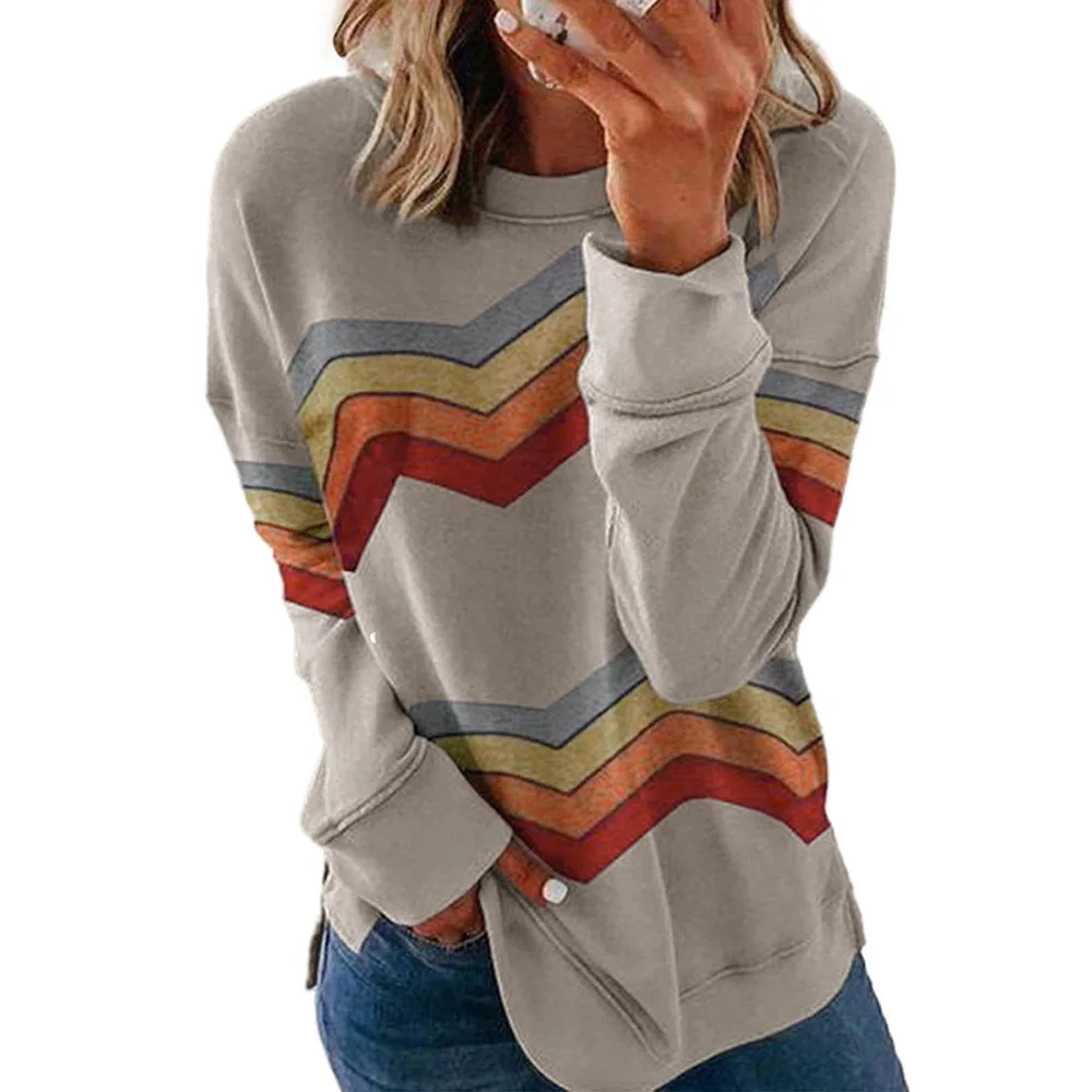 

Striped printed hoodless sweater women's loose oversized versatile Crew Neck Long Sleeve Top 2532349