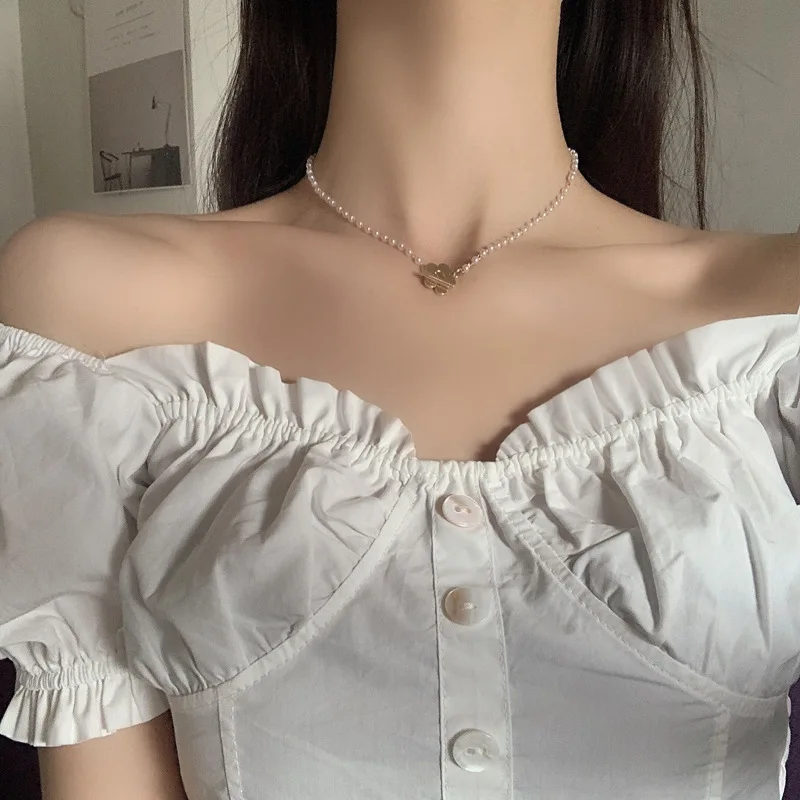 

Fashion Flower Pearls Pendant Necklace New Cute Romantic Gothic Chain Clavicle Necklace For Women Jewelry
