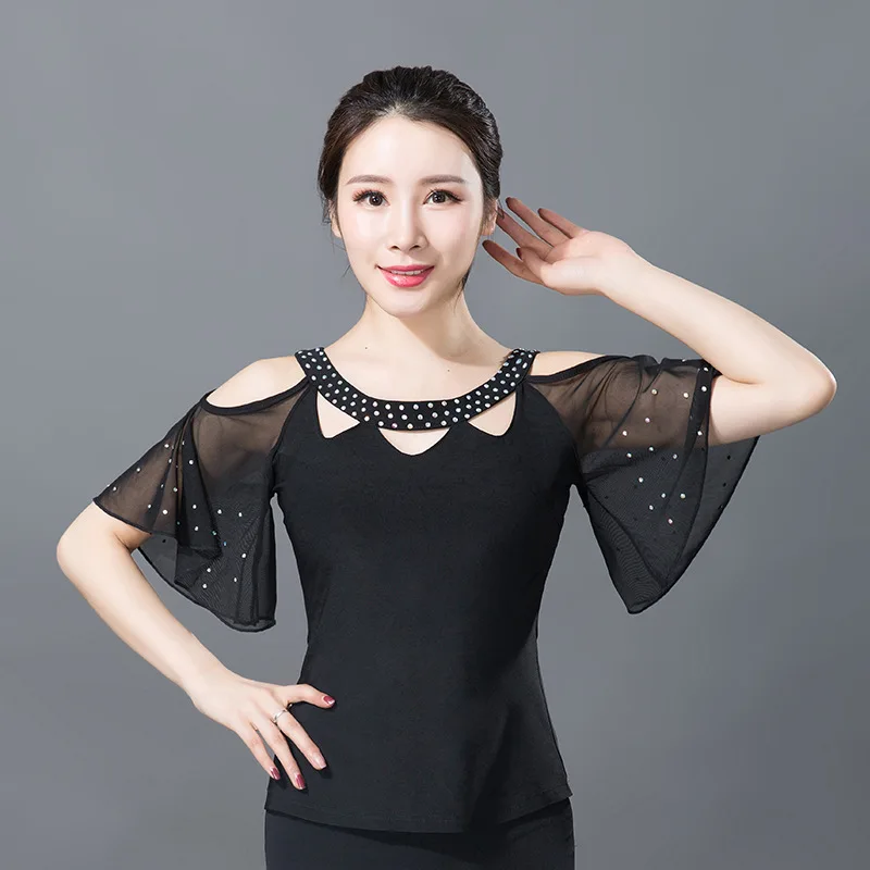 

Ballroom Dance Top Flamenco Blouse Standard Modern Dancer Costume Performance Outfits Waltz Dancewear Short Sleeves Summer Women