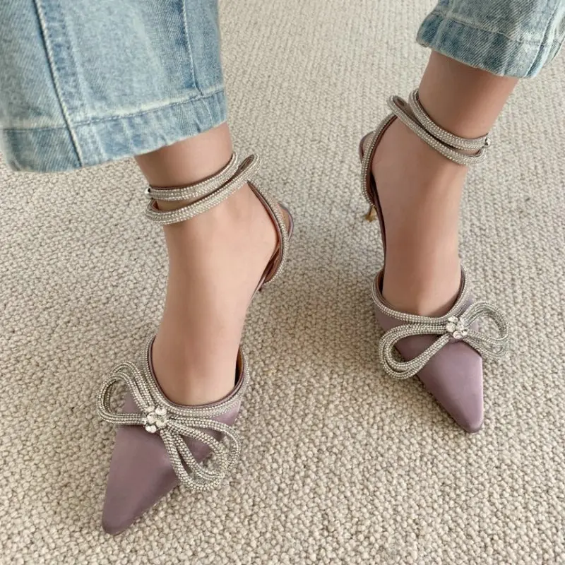 

ZawsThia Summer Genuine Leather Insole Satin Vamp Bling Giltter Ankle Cross Strap Party Wedding Thin High Heels Women Sandals