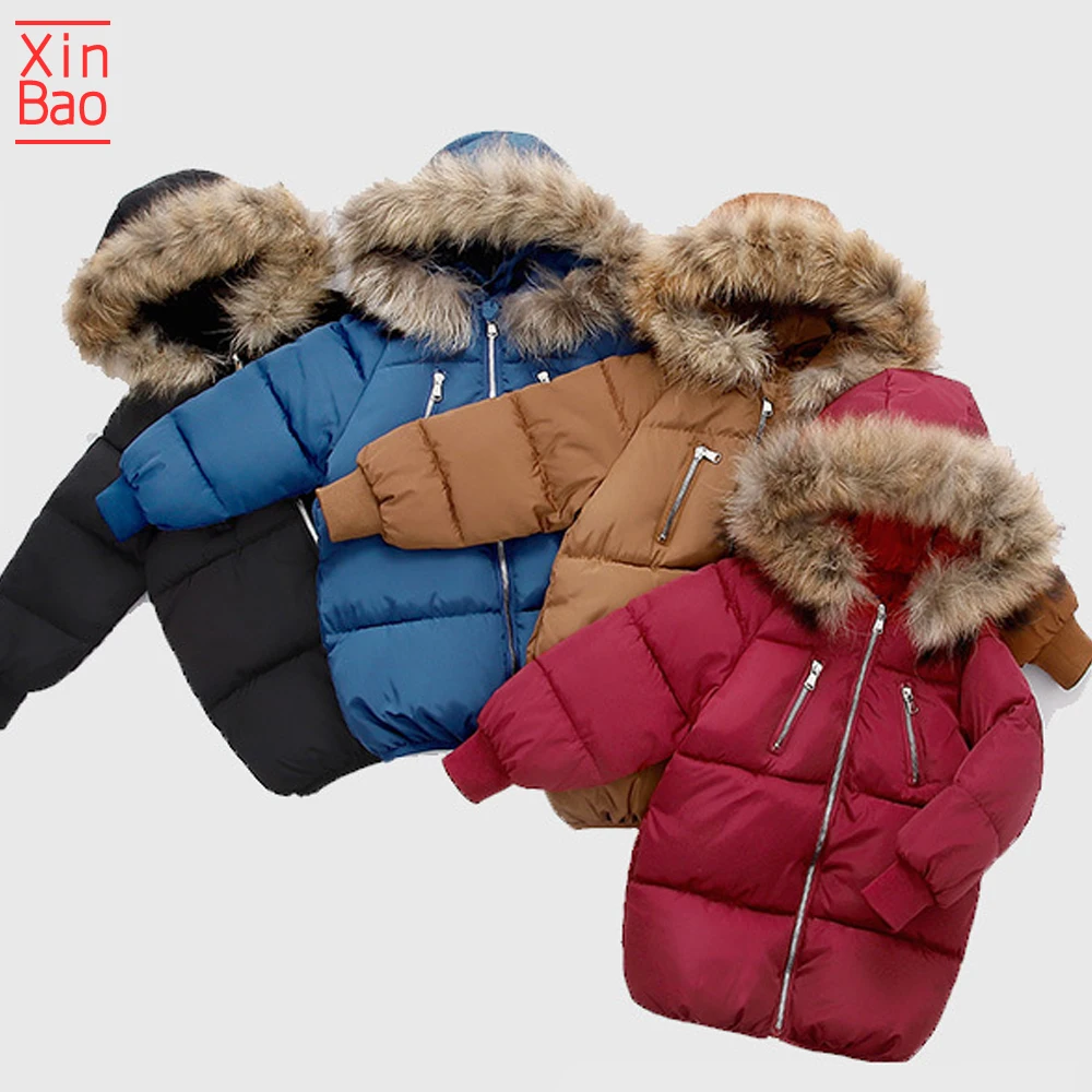 XINBAO/ детское теплое зимнее пальто с капюшоном из искусственного меха для маленьких мальчиков и девочек, куртка, пальто Детская верхняя одежда длинная одежда для подростков