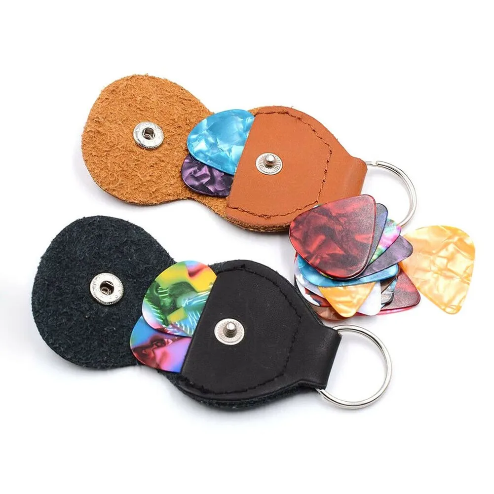 

Guitar Bass Plectrum Pick Holder Keychain PU Leather Case Keyring Bag With 5pcs 0.71mm Picks Guitar Accessories Parts