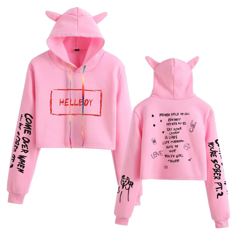 

Fashion Lil Peep Hip Hop Hoodie Streetwear Kawaii Cat Ear Cropped Short Sweatshirt Hooded Women All-match Pullover Tops