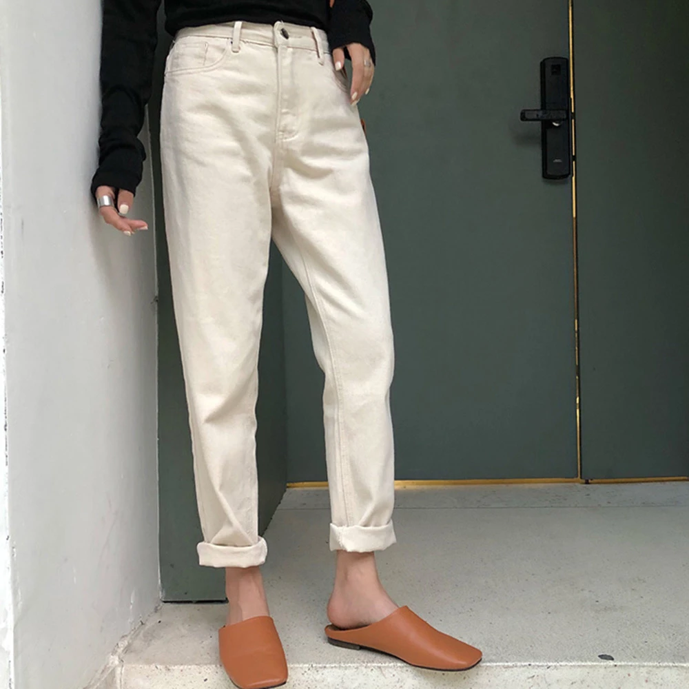 

2020 Spring Meters White Jeans Woman Loose Nine Ankle Denim Pants High Waist Dad Jeans