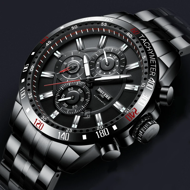 

Automatic Watch Men Luxury Brand Black Steel Big Dial Men's Mechanical Watches Waterproof Chronograph Wristwatch montre homme