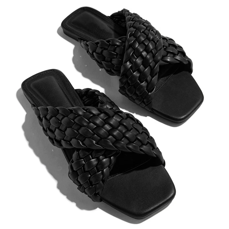 

Summer Women's Slippers Woven Ladies Flat Shoes Comfort Female Square Toe Comfort Outdoor Woman Beach Footwear Plus Size 2021