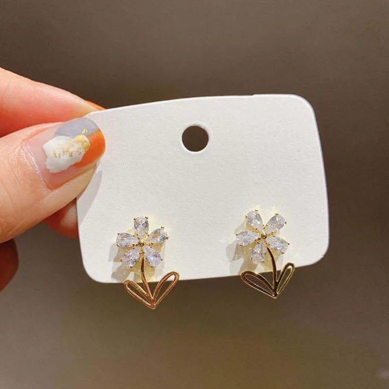 

1Pair Gold Zircon Flower Cute Earrings for Women Temperament Hollow Petal Tree Leaf Small Earring Summer Jewelry Gifts