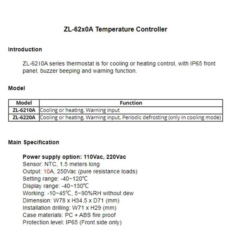 

LILYTECH ZL-6210A Digital Temperature Controller Thermostat Economical Cold Storage Controller