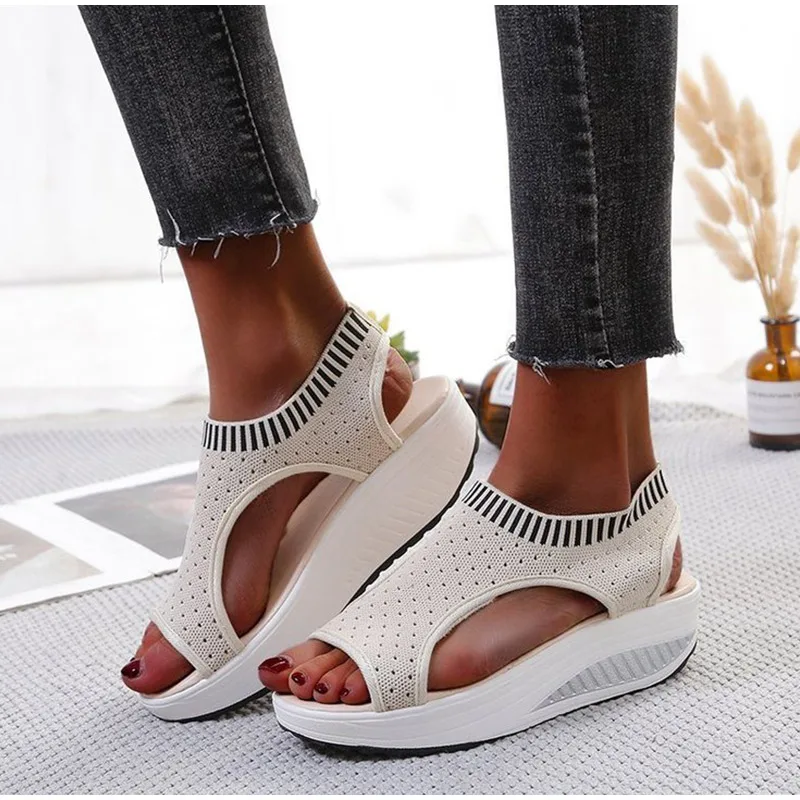 

Women's Sandals Wedges Footwear Summer Platform Sandals Women Shoes Female Slip on Peep Toe Knitted Ladies Sneakers Casual 2021