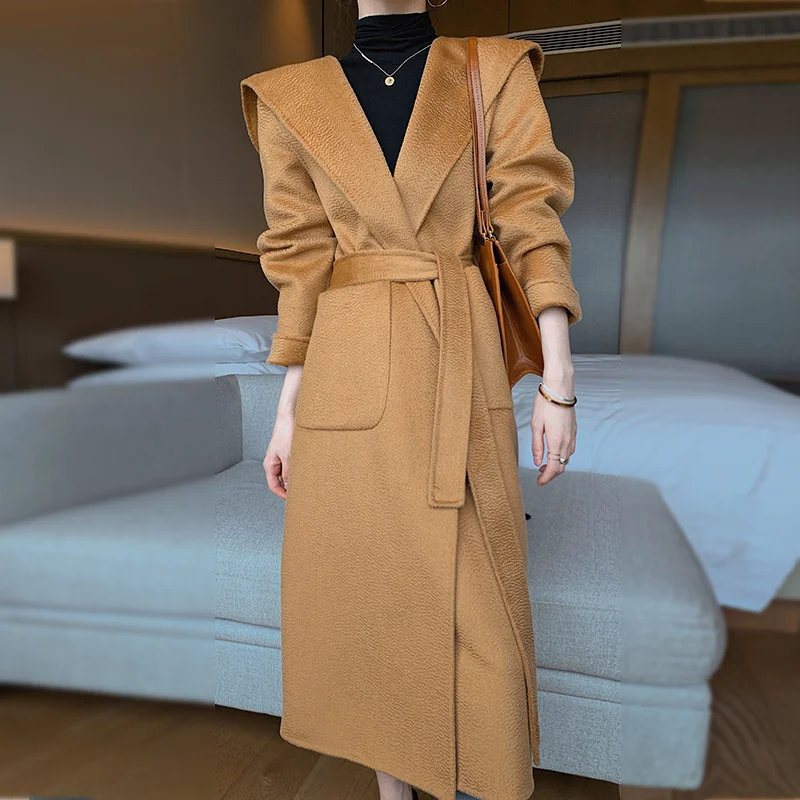 

Sided Double Cashmere Coat Women's Lacing Belt Long Loose Overcoat Water Ripple 100% Australian Wool Hooded Woolen Outerwear