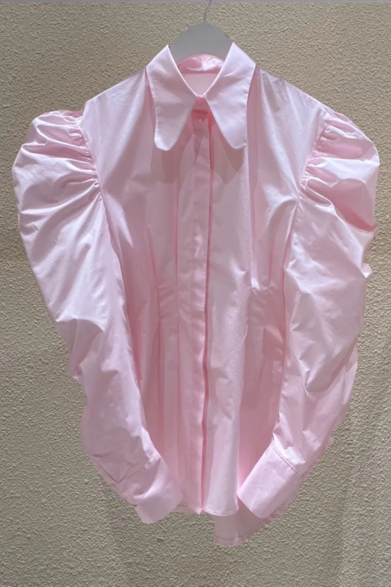 

VANOVICH Korea's Spring Summer 2021 New Sweet Pleated Bubble Sleeve Lapel Women Office Lady Pink Shirt Top
