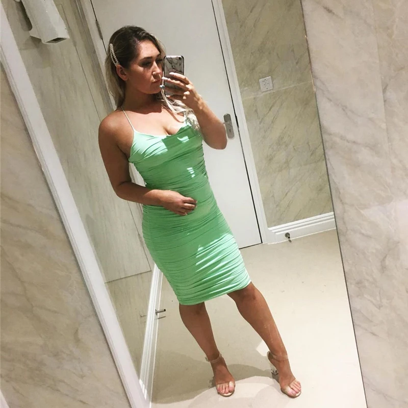 SheBlingBling Спагетти ремни сексуальное Ruched Bodycon Бандажное платье женское летнее платье сзади на шнуровке повседневные миди женские платья