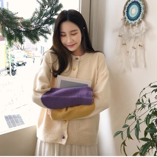 

AIHUYIGUI women winter warm elegant female cardigan sweet knitted sweater cardigan patchwork multicolor button knit coat cy023