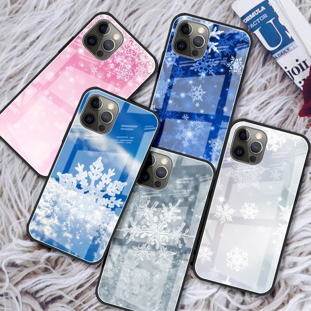 

Christmas Snow Glass Case For iPhone 11 13 12 Pro XR X XS Max 7 8 6 6S Plus SE 2020 Tempered Black Edge Phone Covers