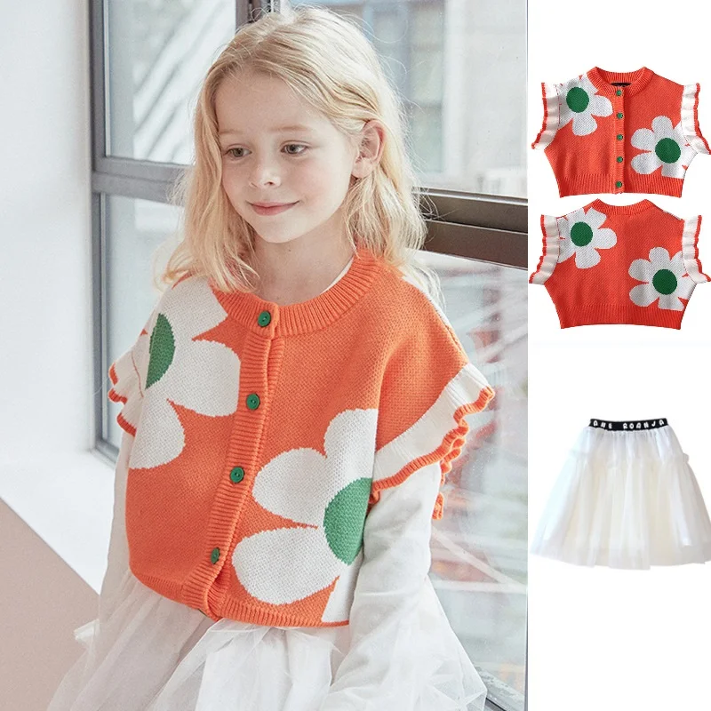 

Girls Sweater 2022 Spring And Summer New Children's Flower Knitted Cardigan Coat Girl Vest White Gauze Skirt Children's Clothing