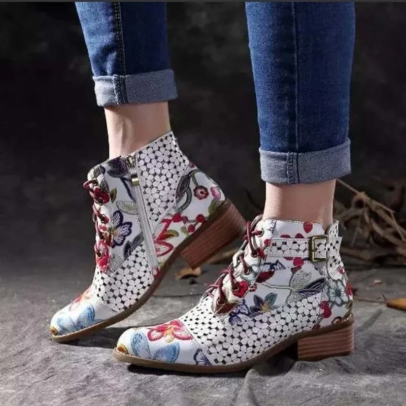 

High Quality Pu Leather Print Women Ankle Boots Newest Fashion Design Retro Classic Med Heels Chelsea Boots Zapatos Para Mujer