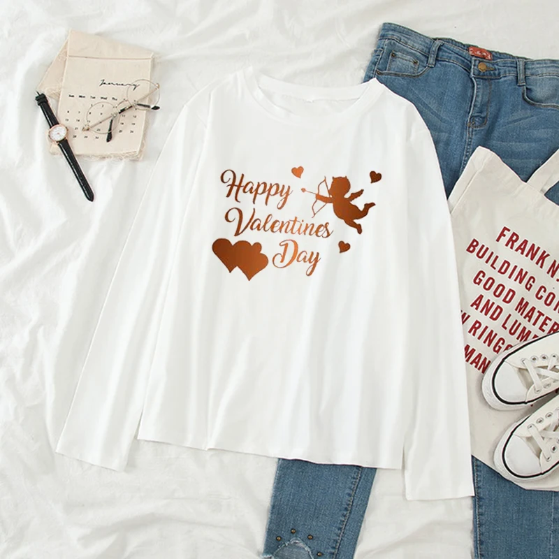

Couple Clothes Long Sleeve Aesthetic Graphic T Shirts 65% Cotton Loose Crew Neck Woman Tshirts Tops Happy Valentines Day Printed