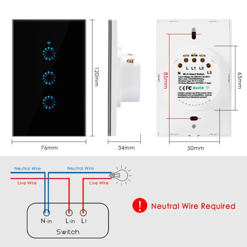 

WIFI Smart Touch Switch Smart Life APP Wireless Remote Control US Standard 1/2/3 gang Light Switch Work With Alexa Google