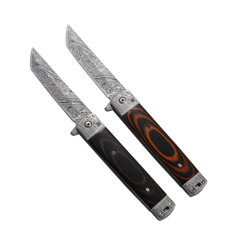 

Folding Knife Damascus Pattern Color Wood Handle Outdoor Defensive Tactics Survival Fruit Knife Camping Hunting Pocket EDC Tool