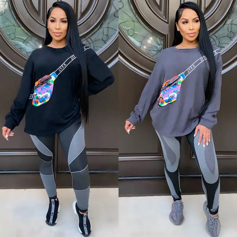 

ZOOEFFBB Graphics Print Two Piece Outfits Long Sleeve Top and Sweatpants Lounge Wear Matching Sets 2021 Fishion Women Clothes